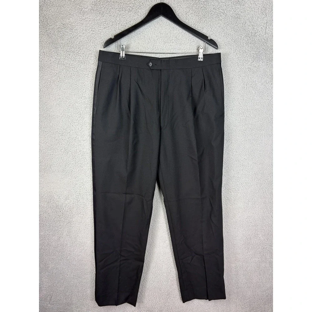 Jos A Bank Dress Pants Mens 38x32 Black Wool Pleated Classic Fit Formal Wedding